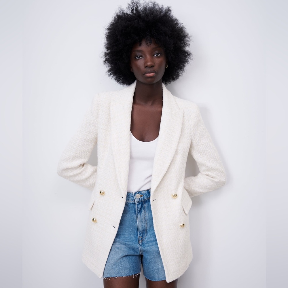 Zara White/Cream Fitted Textured Double-breasted Blazer Size Small